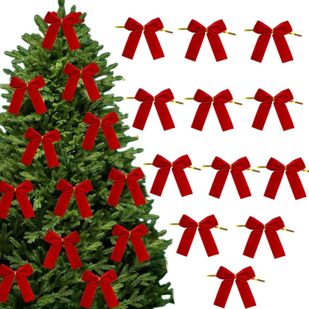 Amazon.com: 12Pcs Red Velvet Bows,3.35in Christmas Tree Wreath Bows ...