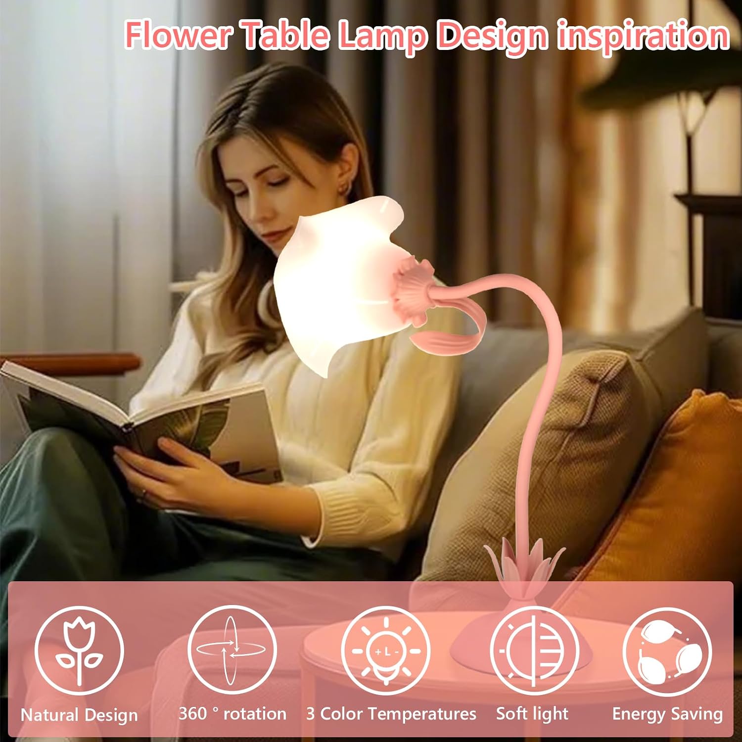Pink Flower Table Lamp for Bedroom, 3 Colors Flower Reading Light with E26 Bulb, Cute Desk Lamp Bedside Lamps for Nightstands Home Decor, Adjustable Flexible DIY Floral Lamps for Living Room Office