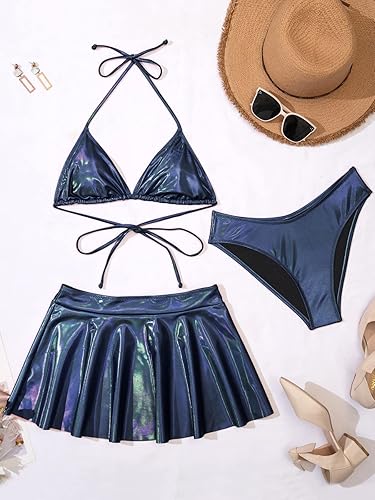 Miniatura 2 de Trajes de baño triangulares de 3 piezas para mujer, conjunto de bikini metálico, traje de baño con tanga con falda de playa, trajes sexys para