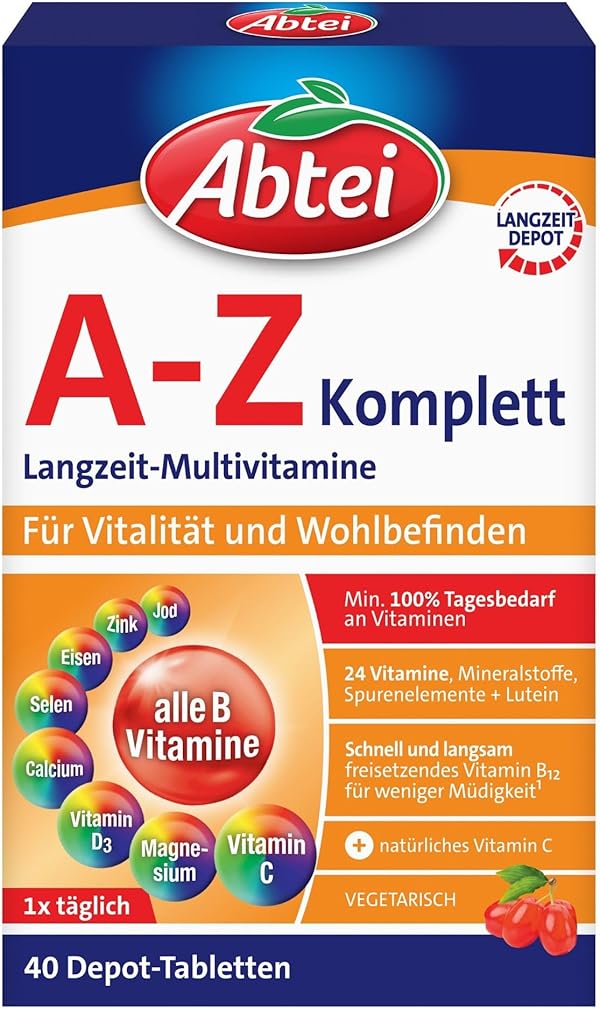 Abtei A-Z Komplett Langzeit-Multivitamine - mit natürlichem Vitamin C - Nahrungsergänzungsmittel für Vitalität und Wohlbefinden - laborgeprüft, hochdosiert und vegetarisch - 1 x 40 Tabletten