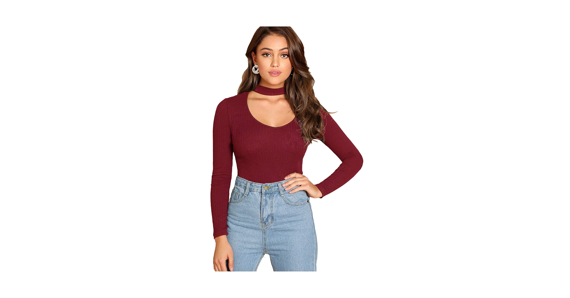 Floerns Women's Choker Neck Cutout Keyhole Sexy Long Sleeve