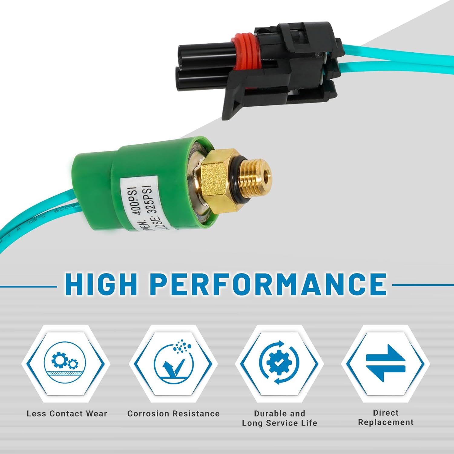 High Pressure Switch, Compatible with Thermo King Tri Pack, 71R6280, RD-5-15711-1P, Automatic, Push Button, Plunger Actuator, 2 Positions, 1/8-27 Male Thread, 2 Wire Male Weatherpak Connector