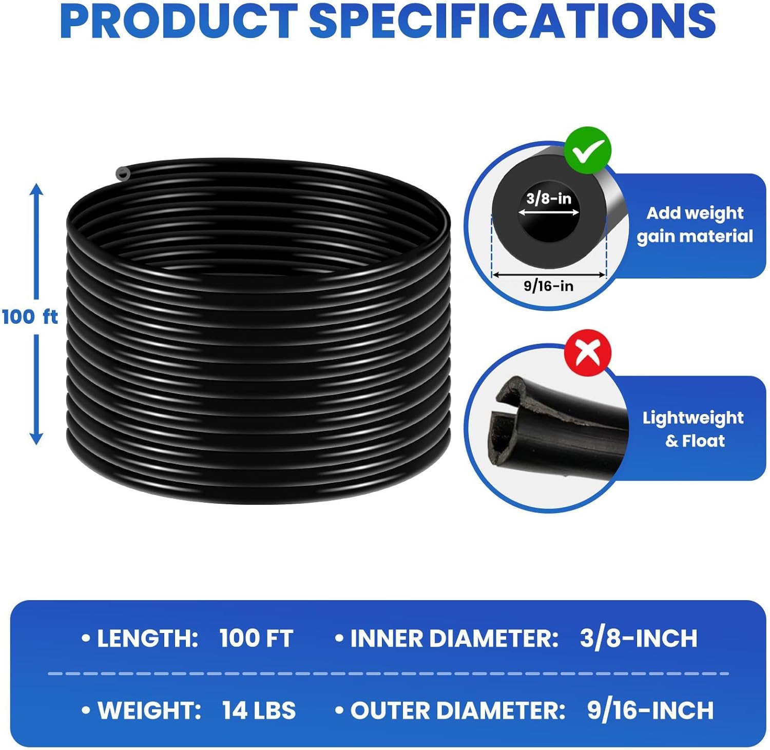 3/8" Self Sinking Aeration Hose, 100FT Pond Aerator Hose Kit with Pond Aerator Hose Kit & 4 Copper Menders, Weighted Pond Aeration Tubing for Pond Aeration Kit Hoses, Aquarium & Lake Aeration
