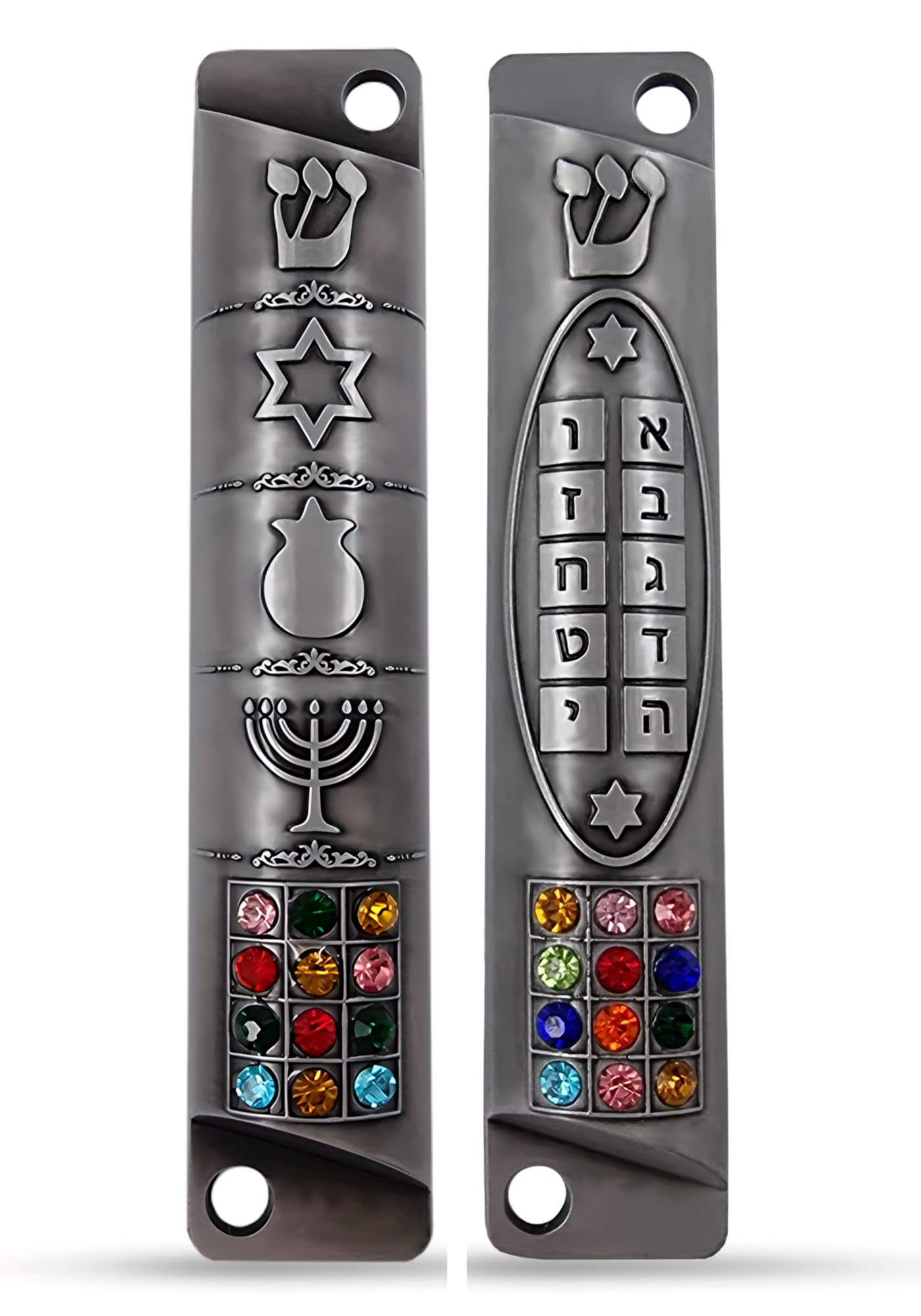 Set of 2 Pewter Mezuzah Case with Scroll for Door Jewish Symbols Star of David Menorah Ten Commandments 12 Tribes of Israel Mezuzah Set Judaica Gift 10 cm / 4 inch
