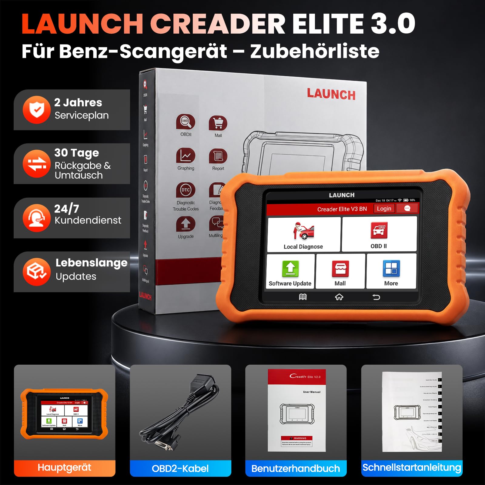 LAUNCH Creader Elite 3.0 OBD2 Diagnosegerät für Benz/für Maybach/für Sprinter die gleiche Funktion wie LAUNCH X431 diagnosegerät, 50+ Reset-Funktion,aktiver Test,ECU-Codierung