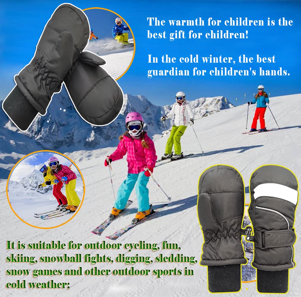 Acazmpar Kids Ski Mittens Waterproof Gloves Winter Warm Snow Gloves for Toddler Children (Black(5-7Y)-A)