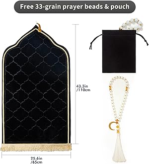 Muslim Prayer Rug with Tasbih Prayer Beads, Soft Memory Foam Prayer Matt Islam, Padded Islamic Prayer Mat Thick for Men and Women, Janamaz, Sajadah (25.6" x 43.3", Black)