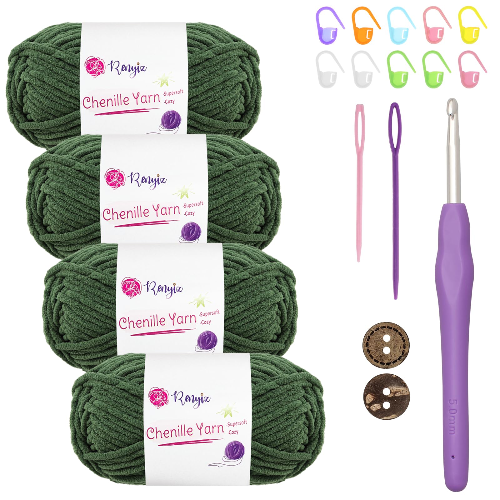 Chunky Chenille Yarn 4x50g (60m/Skein) Fluffy Knitting Wool with 5mm Hook, Ideal for Beginners - Thick Soft Crochet Yarn for Baby Blankets, Handmade Bags, Sweaters, Shoes, Hats and Scarves (Green -4) — image 1