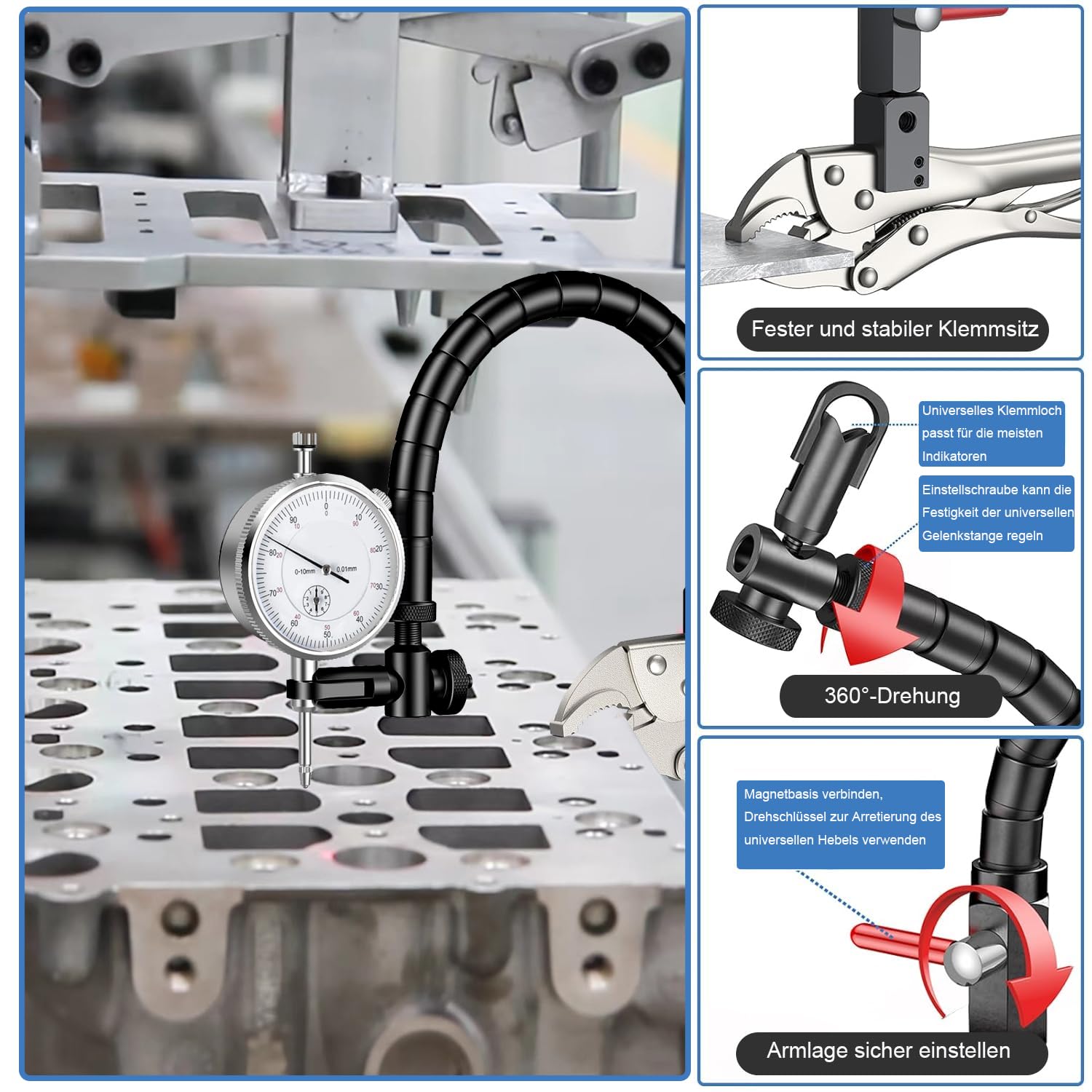 Scheibenbremsrotor-Messgerät mit 0-10 mm Messuhr(0.01mm Auflösung), Auto-Bremsscheiben-Schlagfestigkeitsprüfer, Klemmschraubstock mit 360 ° Flexiblem Arm