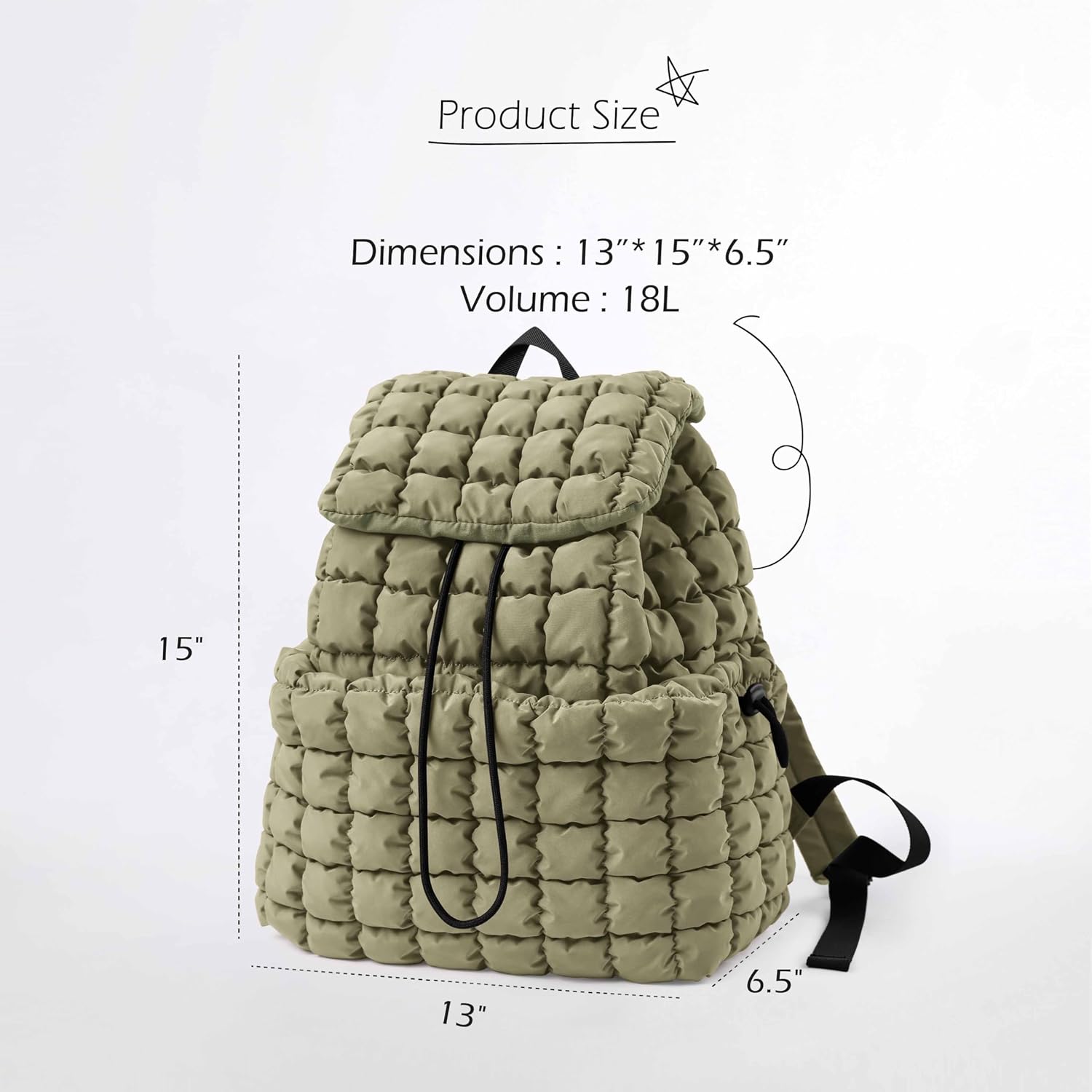ODODOS Quilted Backpack 2.0 for Women Lightweight Puffer Hiker Pack Drawstring Padding Travel Gym Bag, Gray Green
