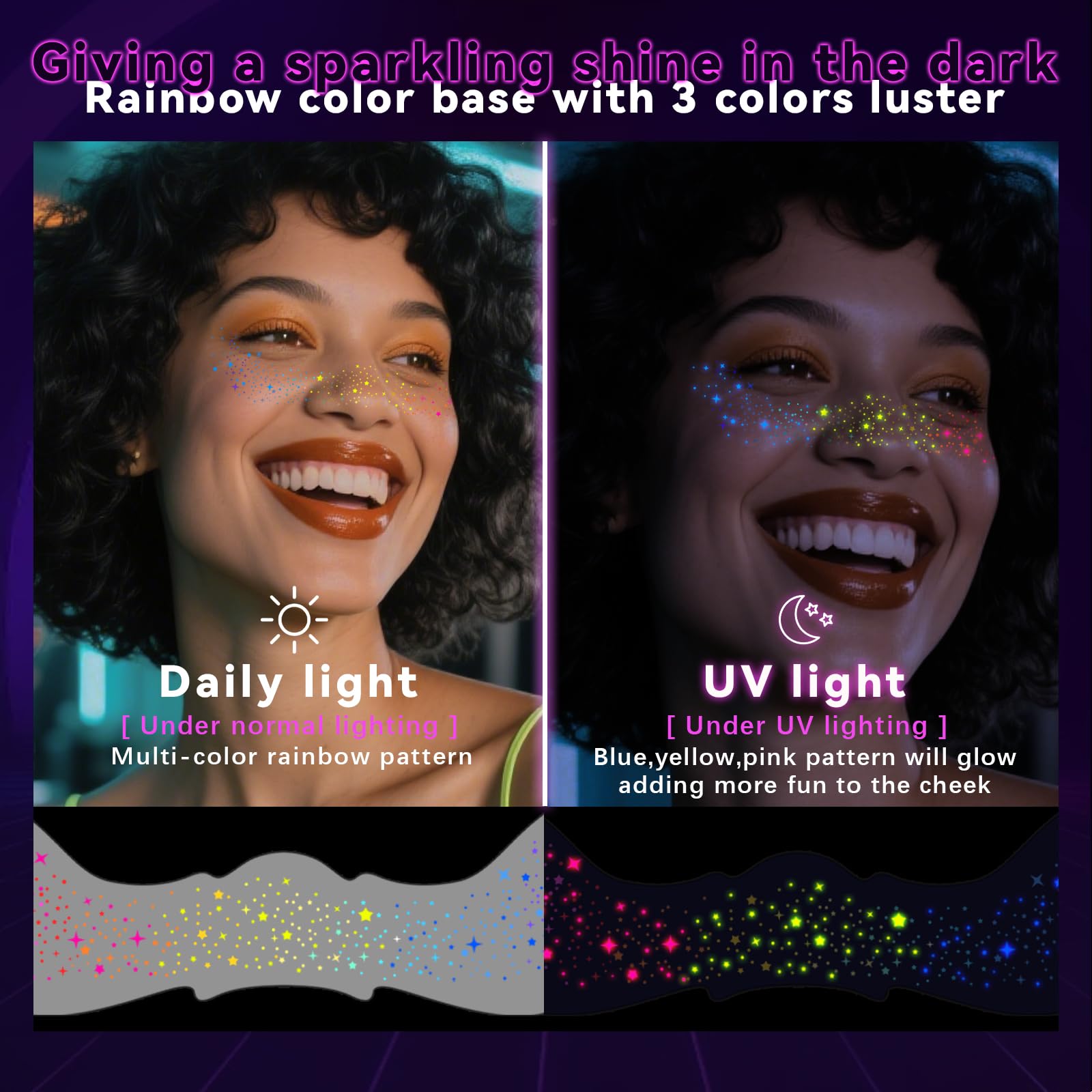 Noerrors 6pcs Glow in the Dark Rainbow Freckles Face Tattoo Sticker - Image 3