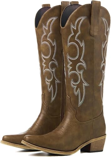 RURUNA Cowboy Boots for Women, Embroidered Chunky Heel, Brown 6