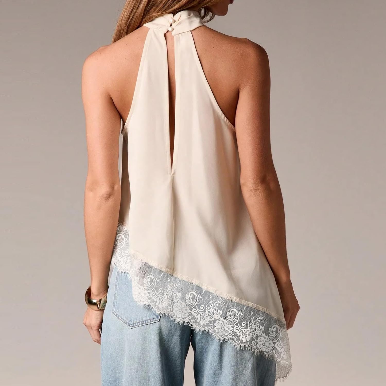 Women Y2k Mock Neck Halter Top Satin Lace Asymmetrical Hem Tank Tops Sleeveless Elegant Going Out Crop Top - Image 5