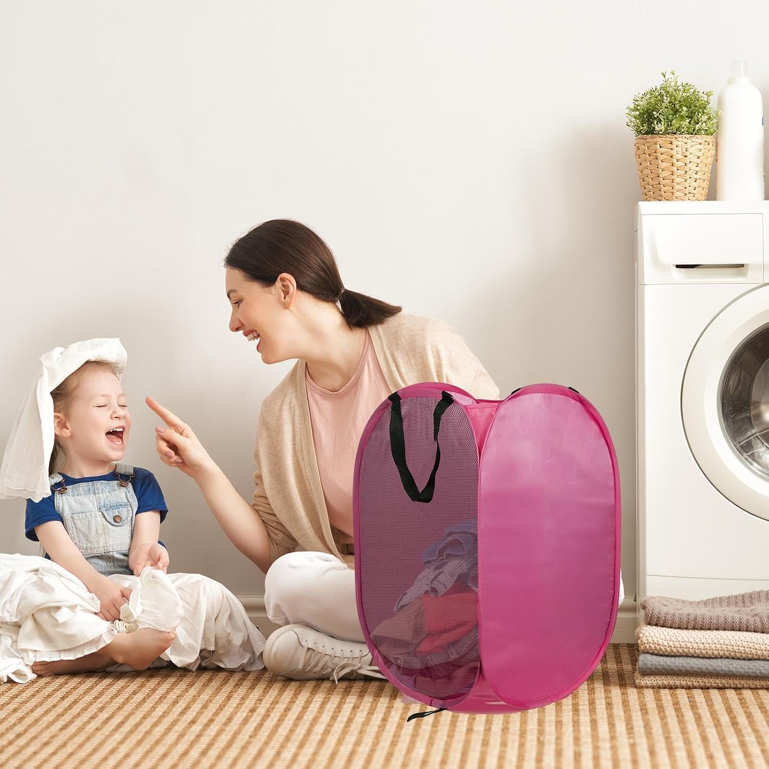 Laundry Basket Bathroom Dirty Cloth Mesh Folding Organizer | Clothes Hamper with Carry Handles and Side Pocket for Laundry Room Bedroom Bathroom College Dorm