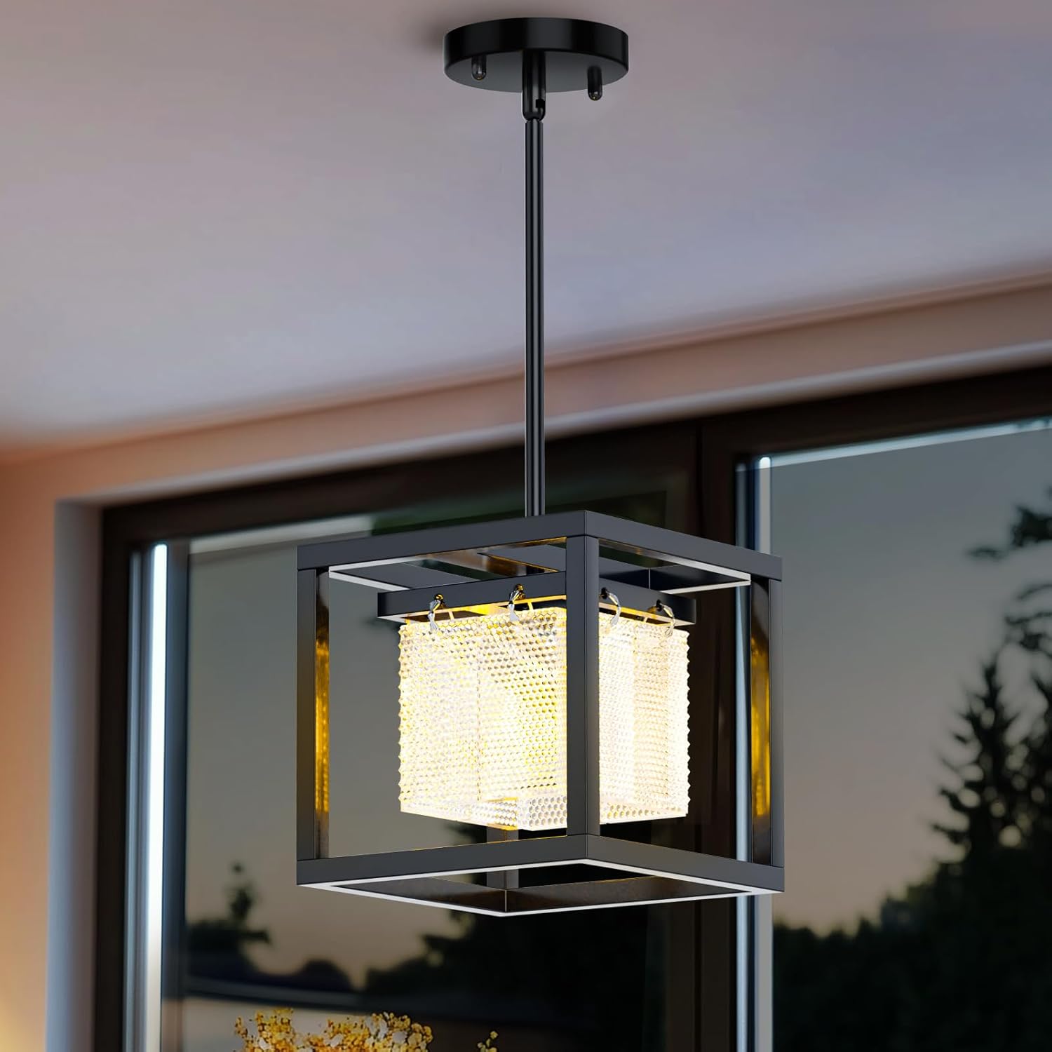 Black Rectangle Kitchen Pendant Lights, Modern Linear Light, Adjustable Height Pendant for Entryway, Dining Room, Kitchen, Elegant Snow Pattern Light Fixture(1 Lights)