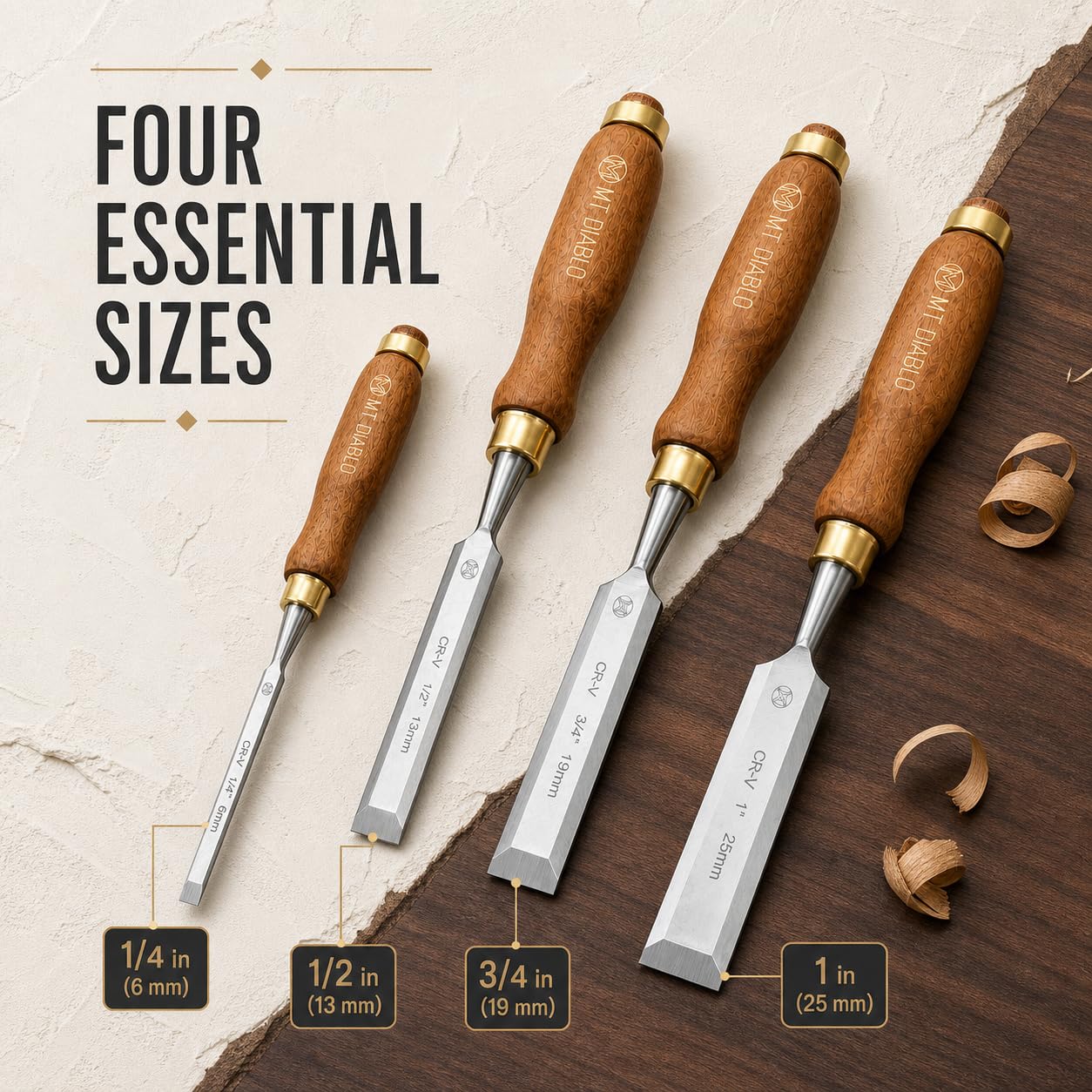 Mt Diablo Juego de 4 cinceles de madera de acero CV60 de alta calidad con asas ergonómicas, incluye anchos de 1/4 pulgadas, 1/2 pulgadas, 3/4 pulgadas, 1 pulgada, ideal para carpinteros, rollo de