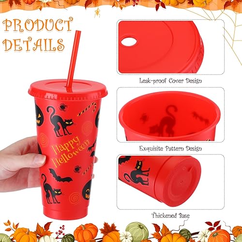 Miniatura 3 de 24 vasos de plástico de Halloween con tapas y pajita, vasos reutilizables a granel de 24 onzas con tapa y popote para bebidas frías, vaso colorido