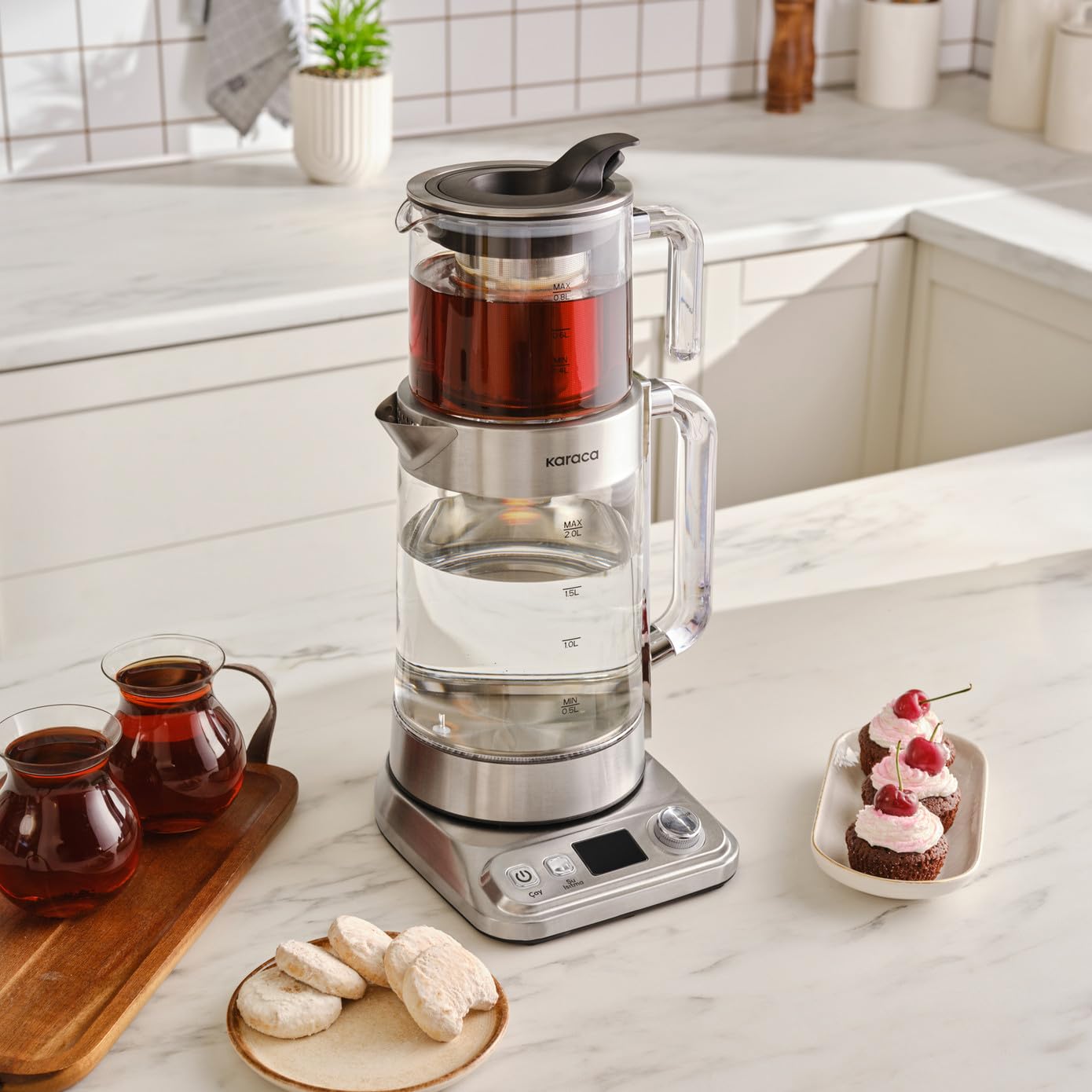 Karaca X Refika XL Tetera automática & Caydanlik, hervidor de agua de 2 L y tetera de cristal de 0,8 l, multitemperatura, modo ecológico, 2200 W, tetera para familia e invitados, cromo