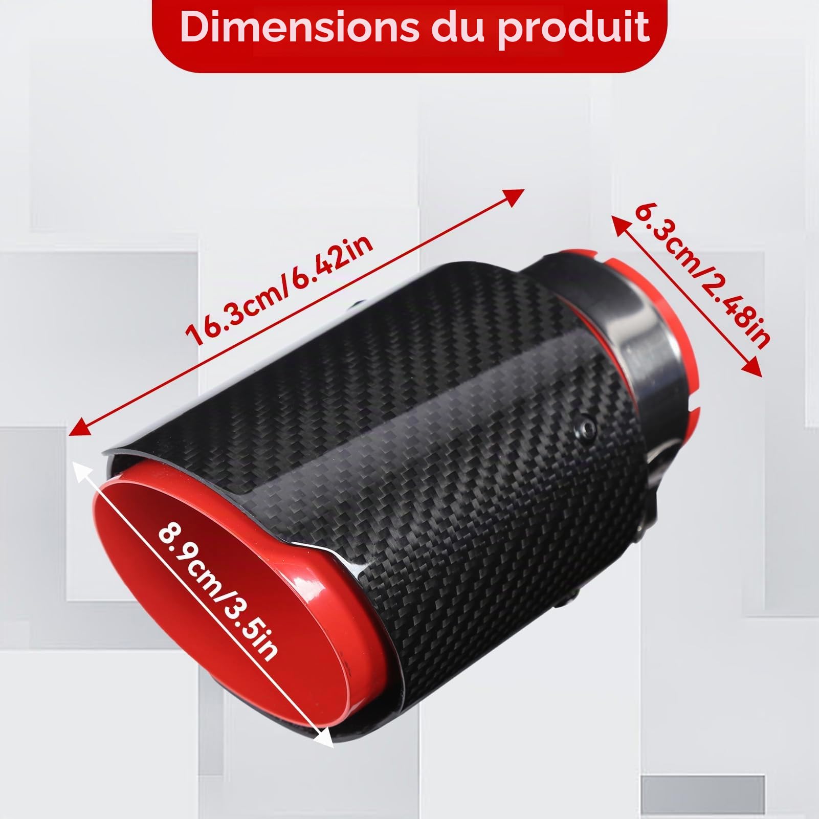 Gorge Arrière de Voiture 163mm/6,4 po, Embout D'échappement Universel en Fibre de Carbone Rouge Brillant Droit Entrée 63mm/2,5 po Sortie Simple 89mm/3,5po Embout Tube D'échappement Droit