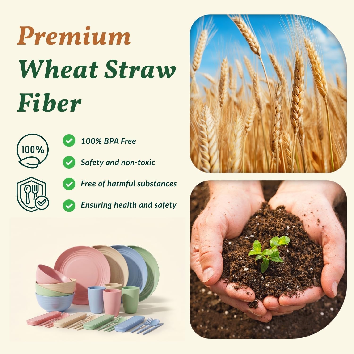 Homienly 28 Pcs Wheat Straw Dinnerware Sets, Kitchen Plates and Bowls Set image 3