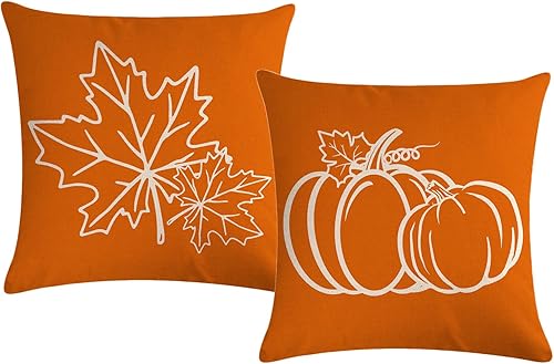 Juego de 2 fundas de almohada de hojas de otoño, fundas de cojín de calabaza de cosecha de otoño, decoración de otoño, fundas de almohada de