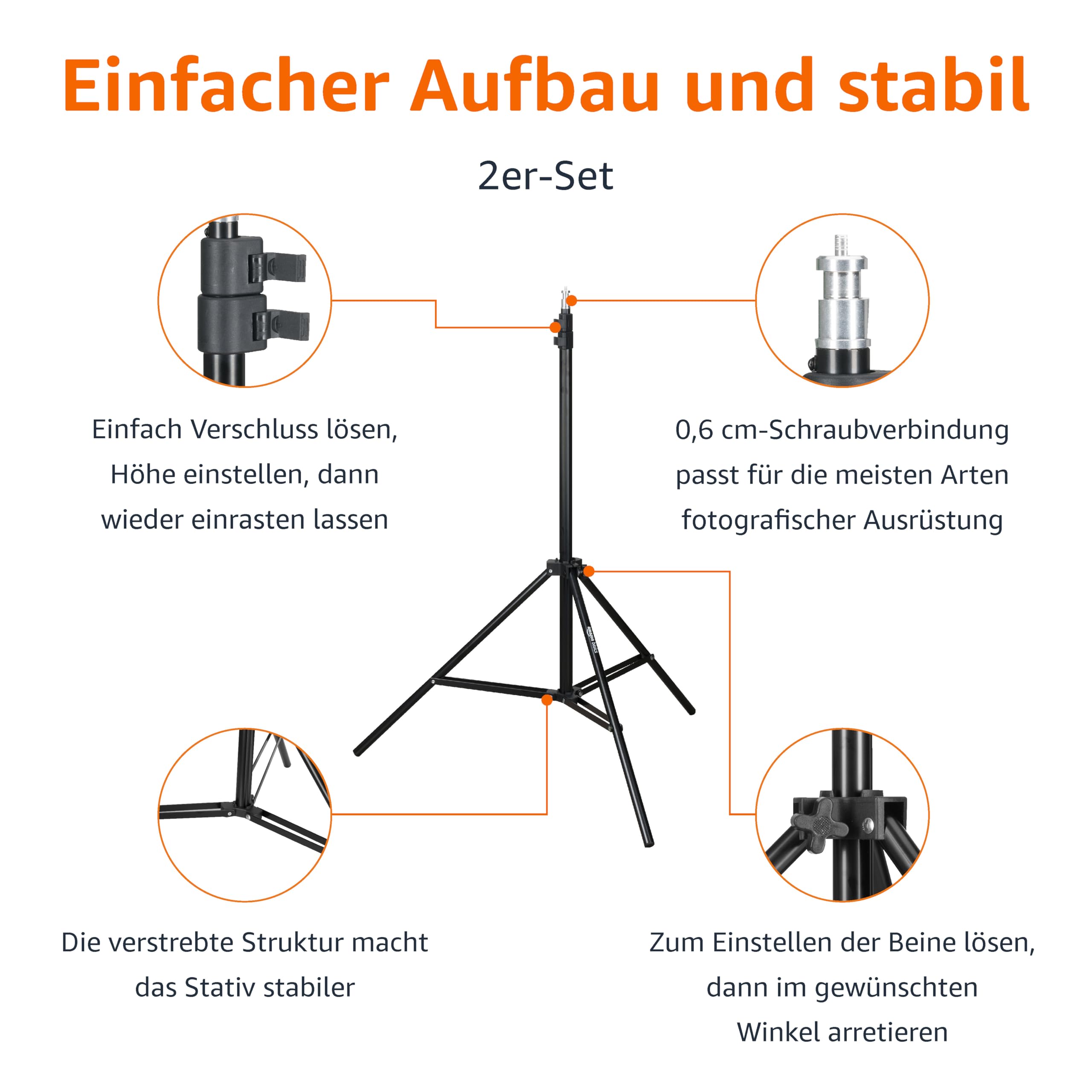 Amazon Basics 2er-Pack Aluminium 2,04 m Kamera Beleuchtungsstativ für Studio- und On-Location-Fotos, 821 g, Höhenverstellbar, Tragbar, Kompakte Aufbewahrung - Schwarz