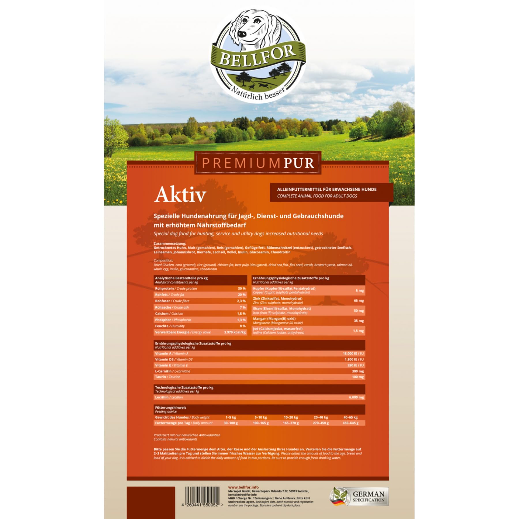 Bellfor Premium PUR Aktiv Glutenfrei Hundefutter Trocken für aktive Hunde – 15 kg. Energiegeladenes Hundefutter mit 42% Fleischanteil für Leistung und Ausdauer