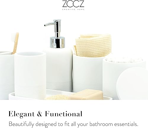 Vista 2 de ZCCZ Juego de accesorios de baño blanco de 6 piezas, soporte para cepillos de dientes, dispensador de loción, recipiente Qtip, bandeja de tocador