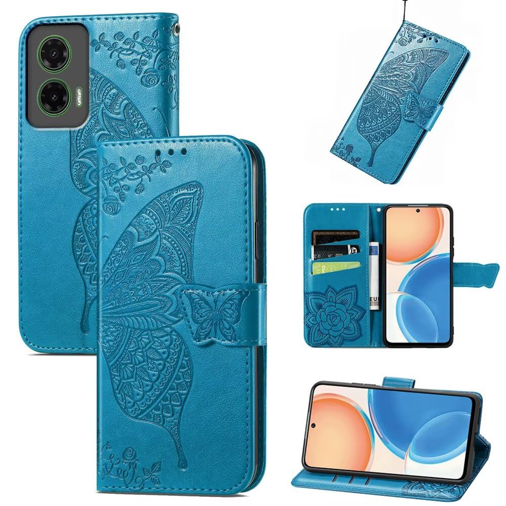 EASSGU Skórzany pokrowiec na telefon do Motorola Moto g35 5G (17,07 cm) Flip-folio Magnetyczne etui z 3 przegrodami na karty, 1 portfelem, odporne na upadki i zarysowania - kolor niebieski
