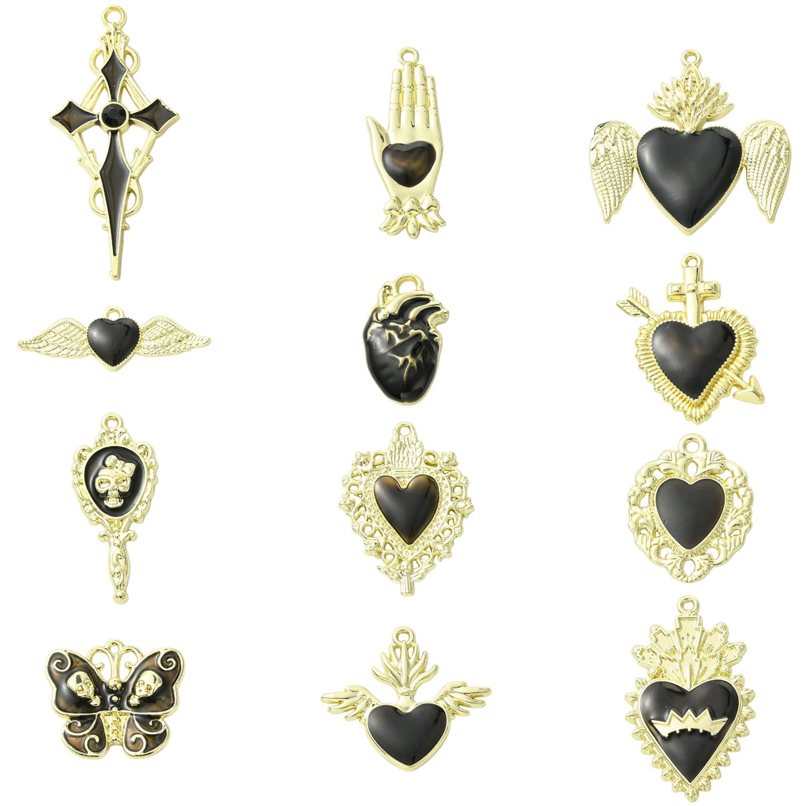 Stiesy 24Pcs 12 Styles Black Gothic Enamel Sacred Heart Charms Brass Goth Cross Heart with Sword Wing Skull Butterfly Charm Bulk for Jewellery Necklace Bracelets Earrings Making Crafts DIY