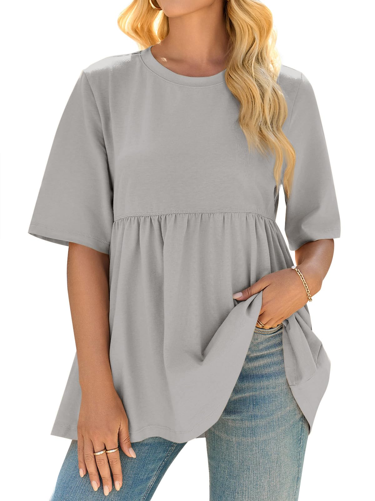 Cicy Bell Womens Summer Babydoll Tops Oversized Short Sleeve Crewneck T Shirts Peplum Casual Loose Blouse