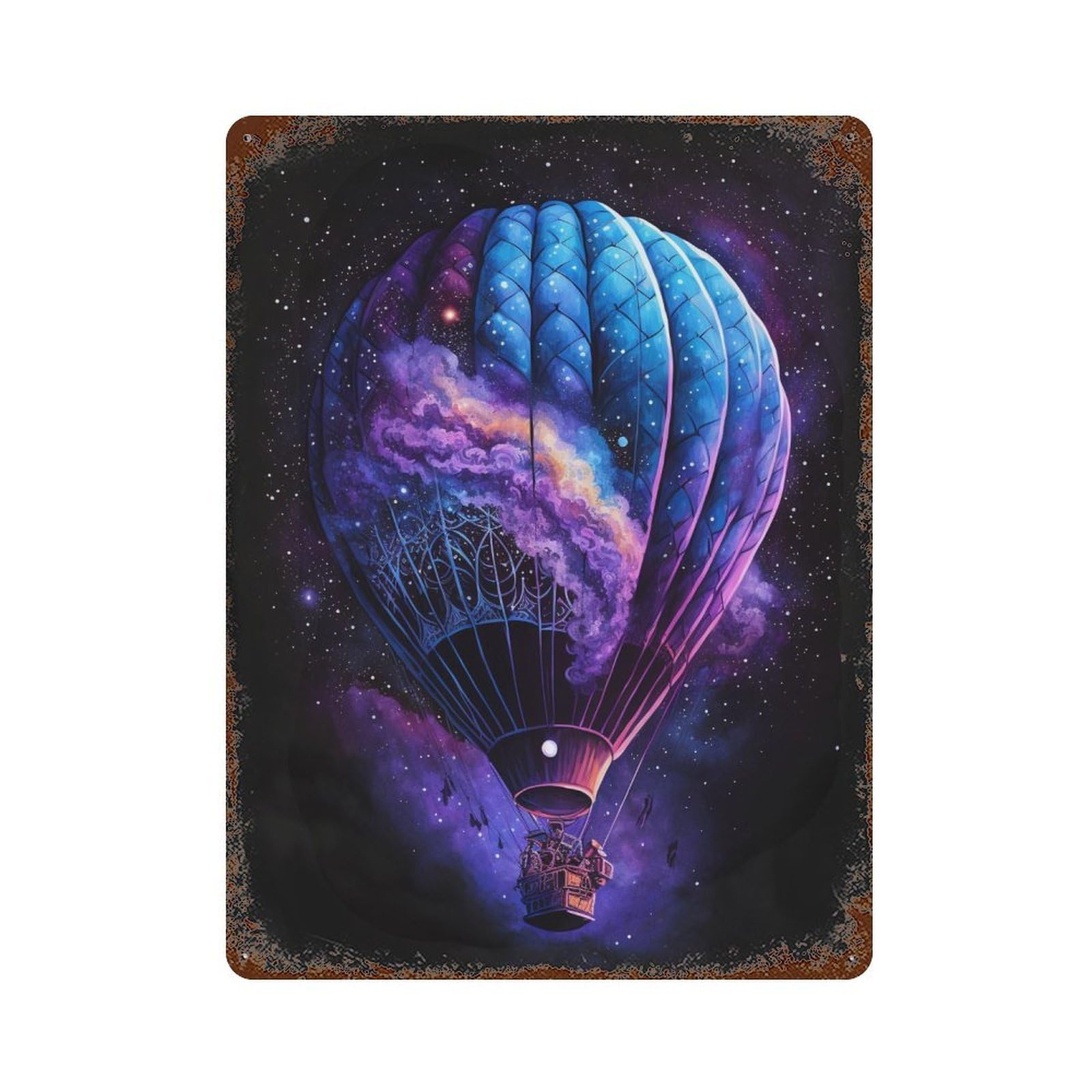 Rust Effect Galactic Hot Air Balloon Adventure Retro Metal Sign 15.7"x11.8", Farmhouse Wall Decor for Living Room, Hallway And Home Decor