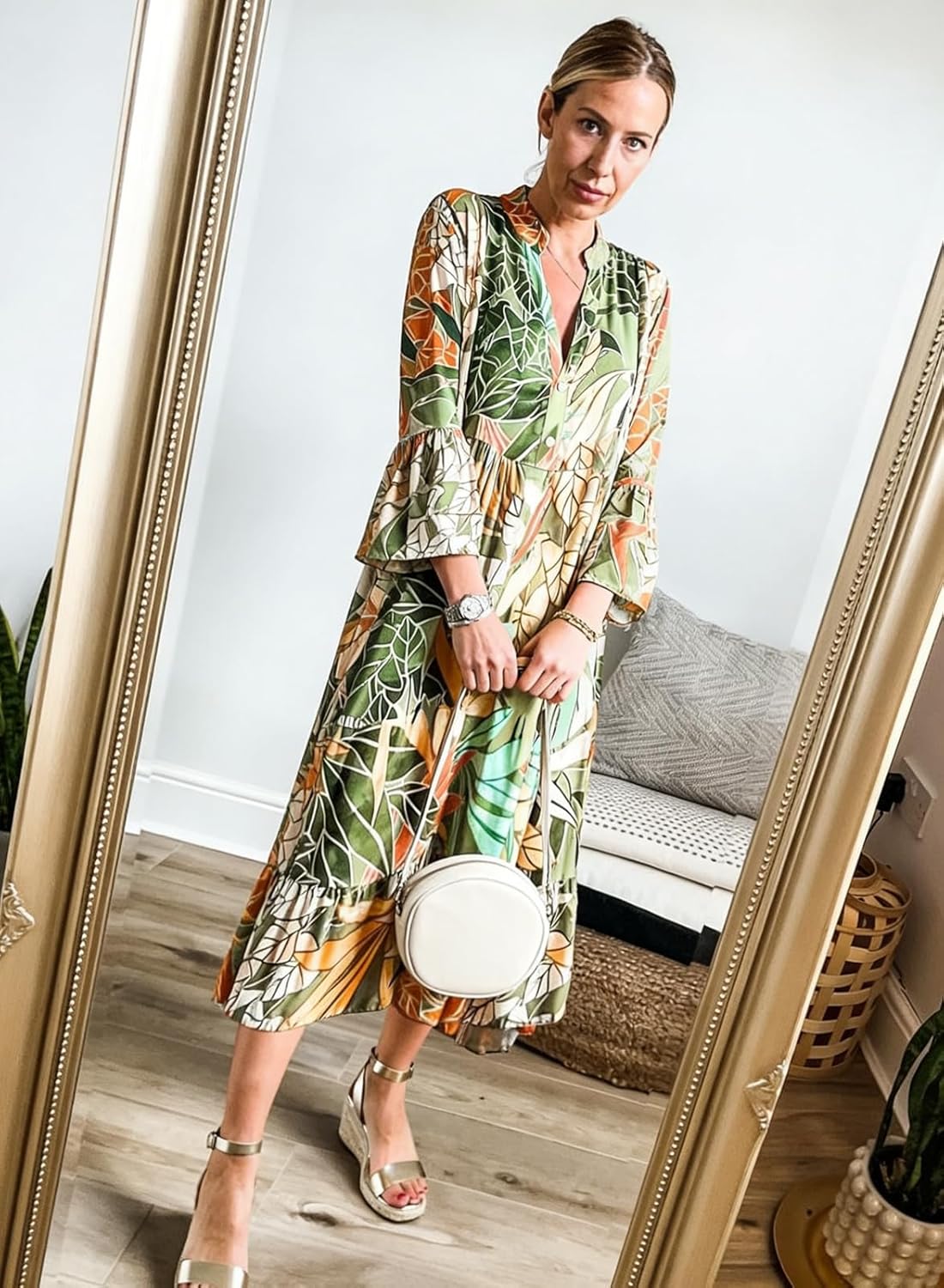 miduo Womens Casual Boho Summer 3/4 Sleeve V Neck Bohemian Tribal Print Flowy Midi Maxi Dresses