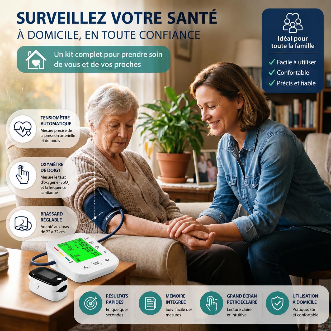 Kit Santé 2 en 1 Tensiomètre Bras + Oxymètre – Mesure Complète Tension, Pouls & SpO2 – Écran XXL Lisible, Utilisation Facile, Idéal Maison & Famille | Mesure Tension, Pouls & SpO2, Écran XXL Lisible, Utilisation Facile, Idéal Maison & Famille