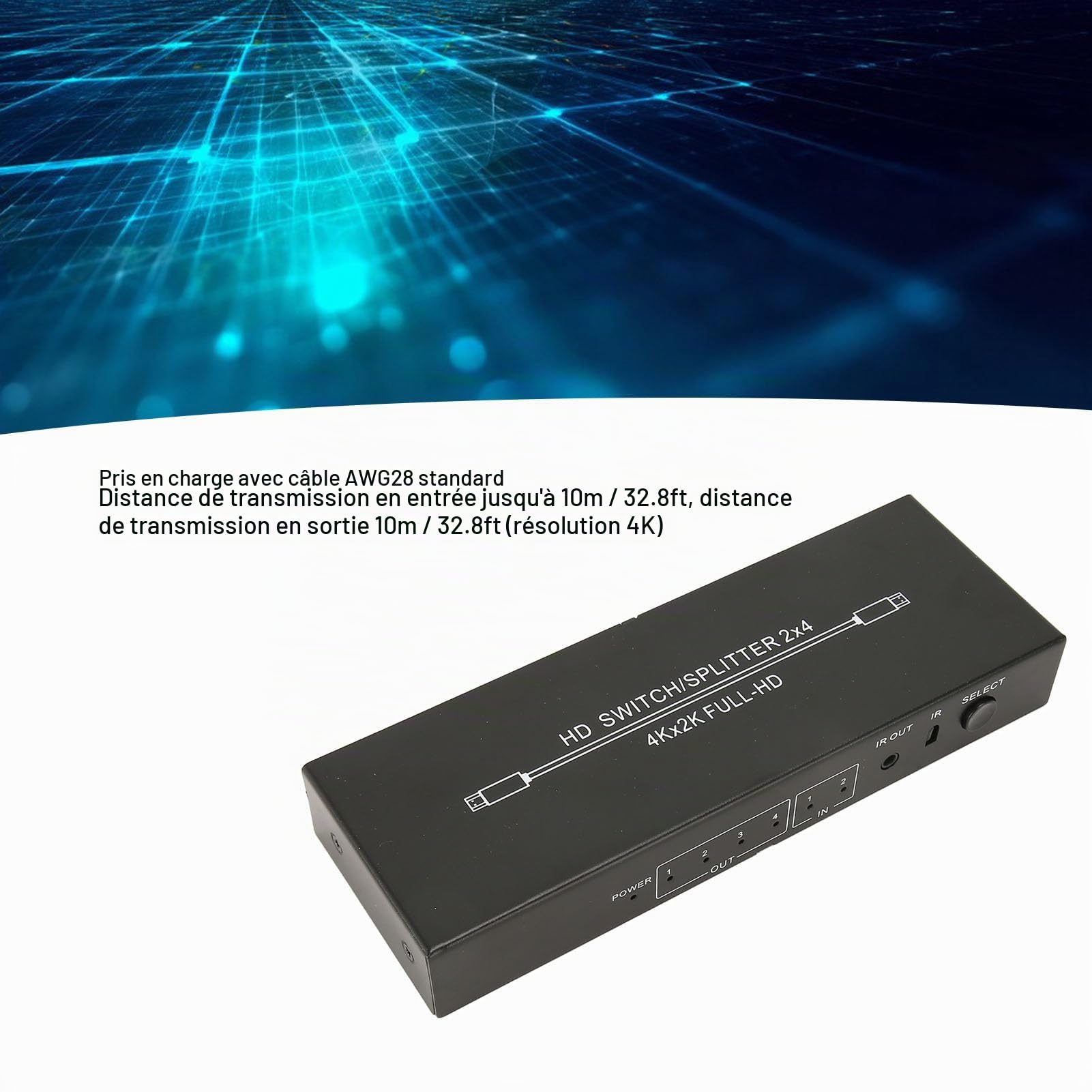 Répartiteur HDMI, 2 Entrées 4 Sorties 4K X 2K 60 Hz 2x4 Répartiteur HDMI avec Télécommande, Répartiteur TV 2 Voies, Distribue 2 Signaux HDMI à 4 écrans UHD (Prise UE 100‑240 V)