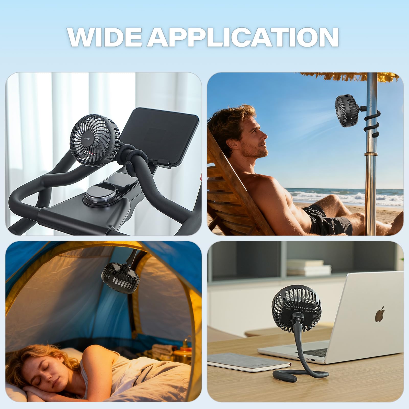 A2C Ventilateur portable pour poussette [batterie rechargeable de 4000 mAh, 3 vitesses, base flexible] Refroidissement personnel pour guidon, ventilateur de voyage rotatif pour UPPAbaby/Graco/Evenflo