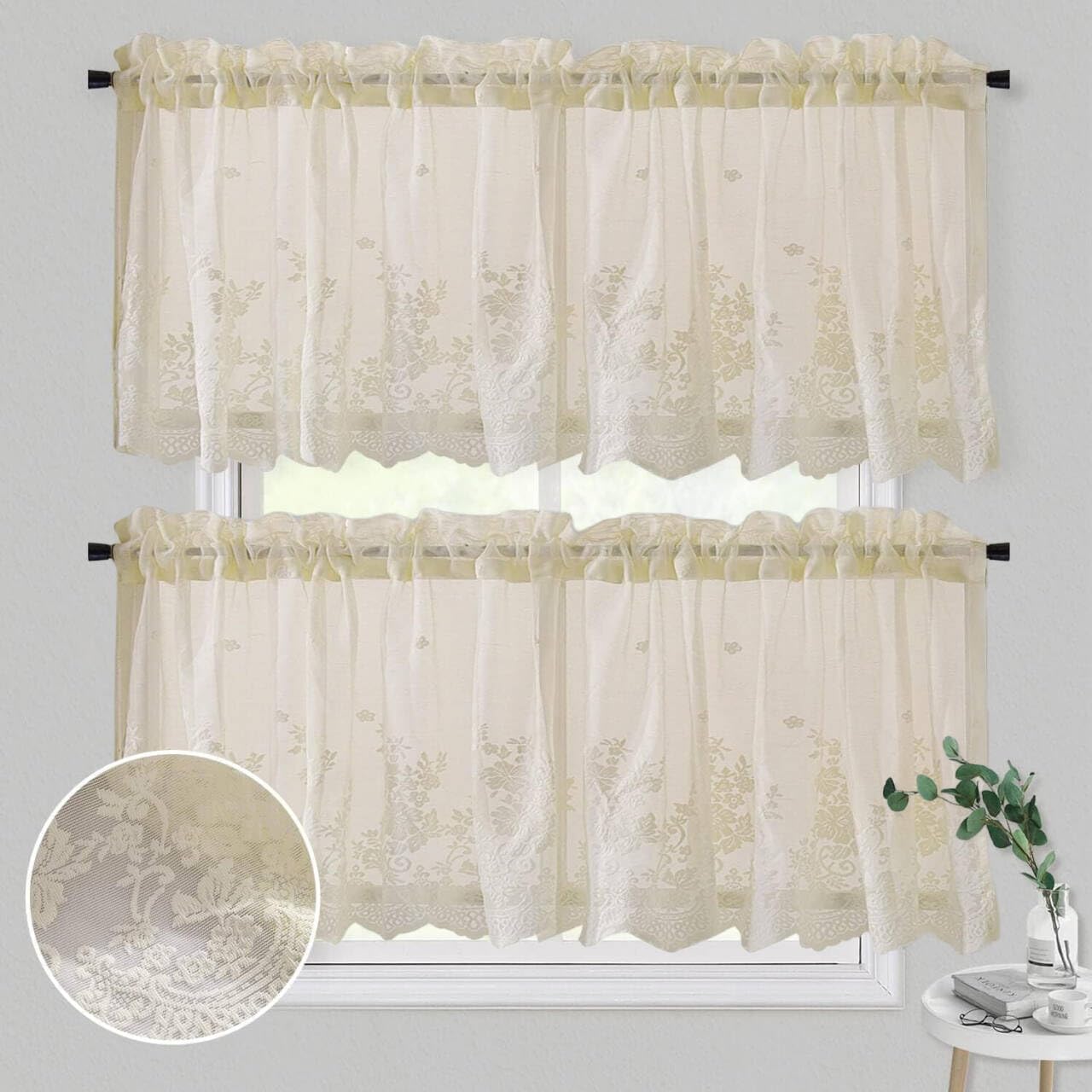 WUBODTI Beige Sheer Kitchen Valances Curtains 2Pcs Vintage Lace Short Curtains 16 Inch Length, Cream Floral Embroidered Voile Cafe Curtain for Bedroom Living Room Bathroom Windows Decor