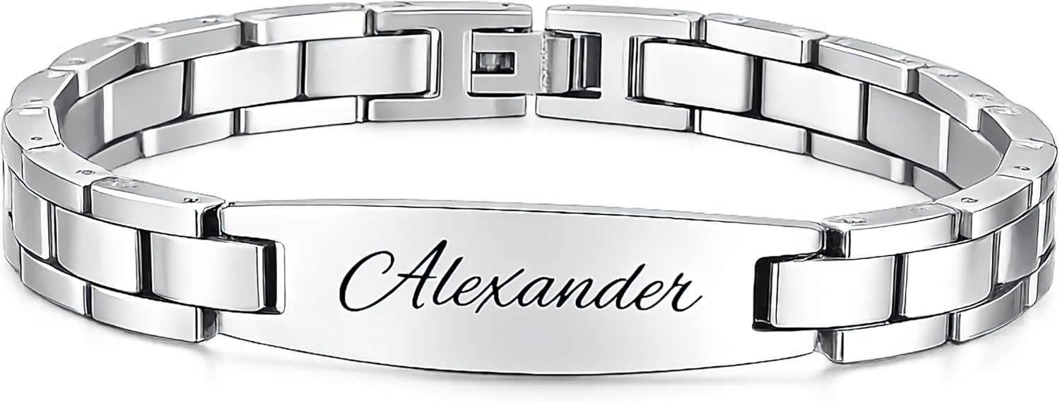 Personalized Men’s Silver ID Bracelet Custom Engraved Free – Stainless Steel Two-Tone Satin & Polished Design, Free Engraving - Ships from USA