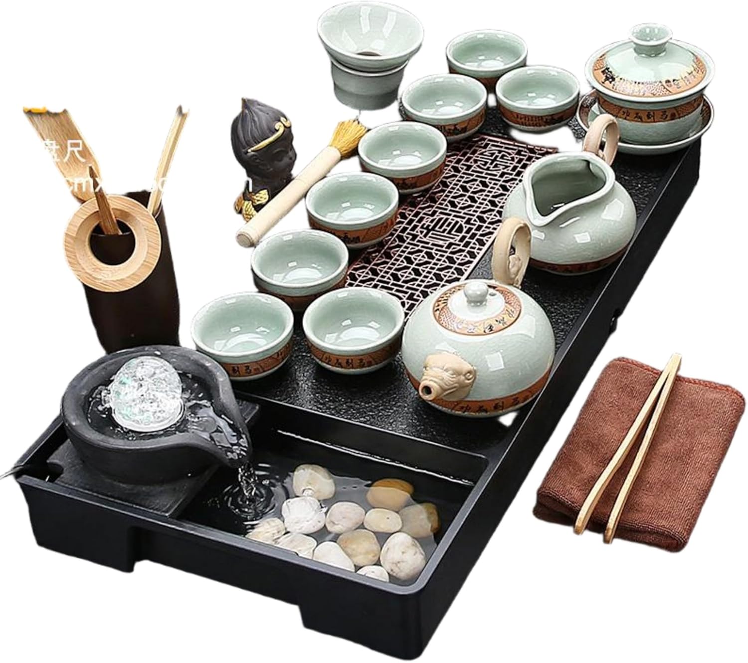 MOYEE 汝窑 Chinese Gongfu Tea Set,Home,Gifting and Office 套装流水茶盘 Chinese Gongfu Tea Tray 陶瓷茶壶整套茶杯高档家用喝茶中式茶海 A222