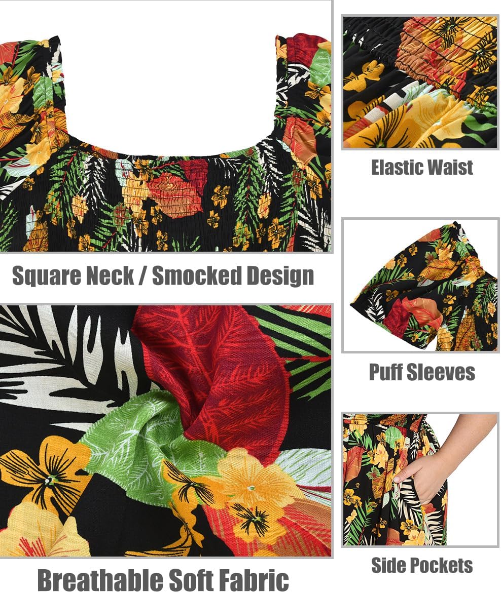 CARCOS Plus Size Dresses for Curvy Women Off Shoulder Square Neck Puff Sleeve Smocked Maxi Summer Dresses with Pocket XL-5XL - Image 6