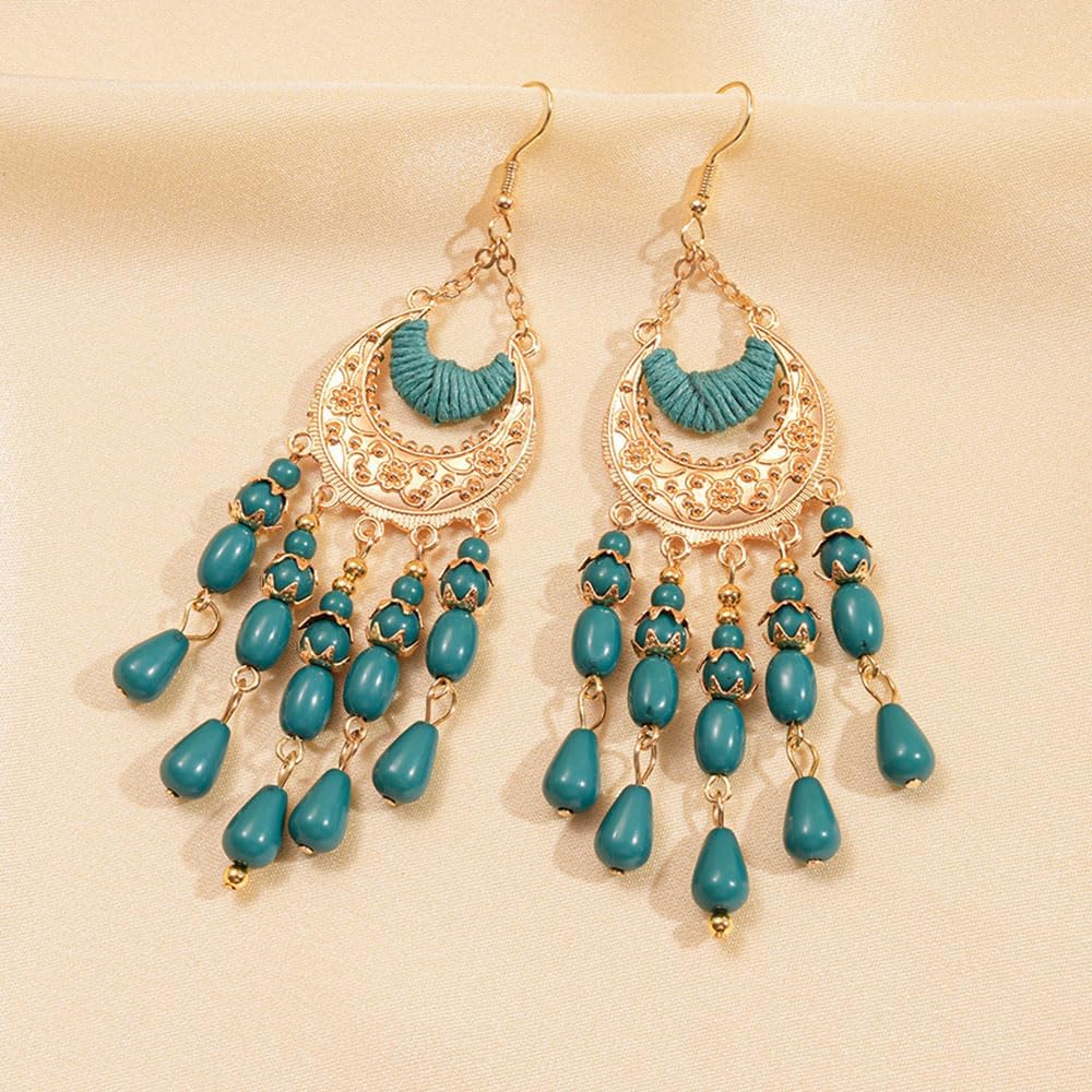 Missgrace Boho Indian Vintage Dainty Dangle Teardrop Turquoise Earrings for Women Vintage Retro Chandelier Earrings Beaded Tassel Traditional Gold Plated Earrings for Women - Image 5