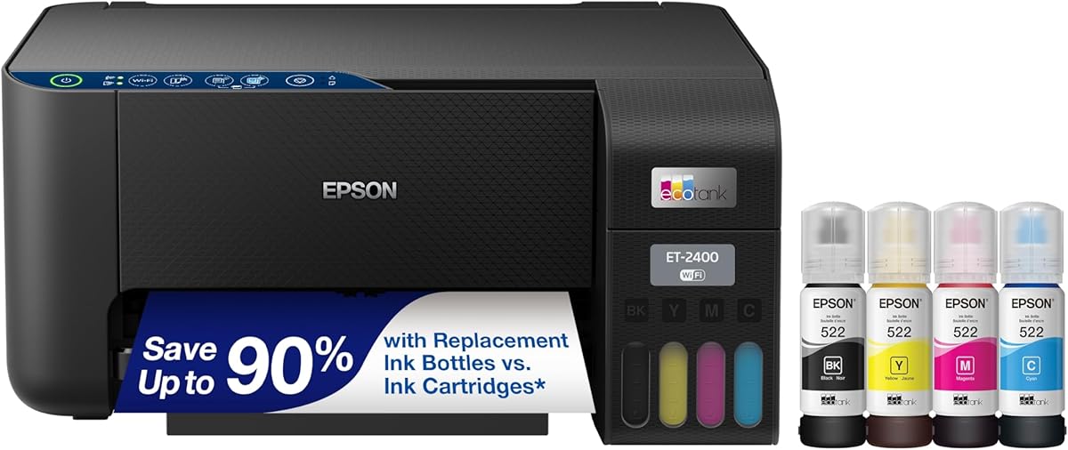 Epson EcoTank ET-2400 Wireless Color All-in-One Cartridge-Free Supertank Printer with Scan and Copy – Easy, Everyday Home Printing, Black : Office Products