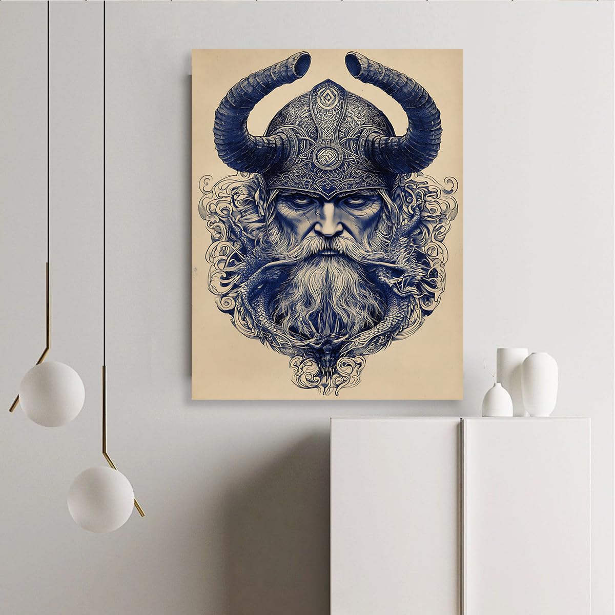 CHERHERART Abstrakcyjna sztuka ścienna wiking na płótnie nordycka mitologia malarstwo rustykalne obrazy na płótnie dekoracja do salonu nowoczesny mural plemienny 40x50cm