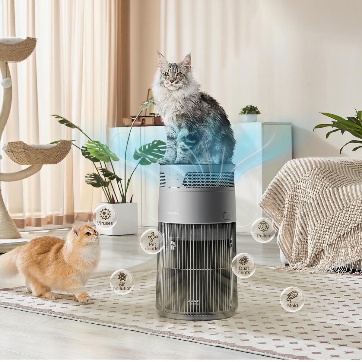 WiseSky Pet Air Purifier, 3-in-1 HEPA Filter for Cat Hair Dander Odor Dust, for Home Large Room, Up to 1644 ft², Quiet Sleep Mode, Smart App Control, 360° Air Intake, W-Cat, Grey