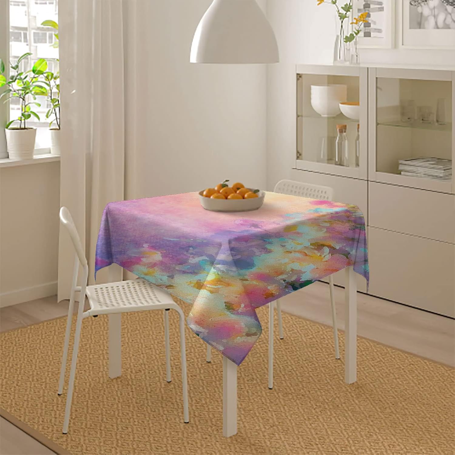 Spring Square Tablecloth 52x52 Inch, Washable Fabric Table Cloth for Kitchen Dining Camping, Watercolor Cherry Blossom Oil Proof Tablecloths, Purple