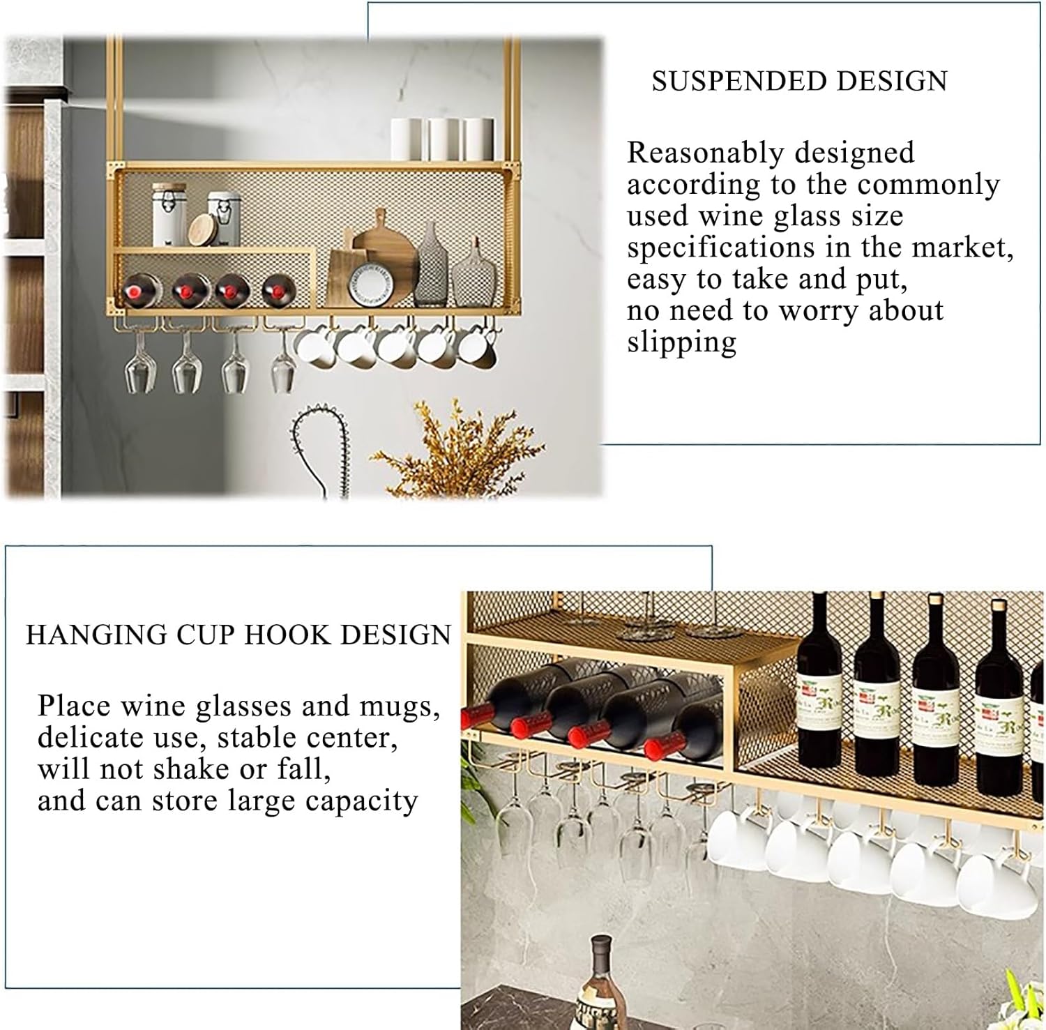 Vintage Industrial Hanging Wine Bottle Holder with Stemware Rack Ceiling Mounted Storage Shelf for Bars and Kitchens Big Capacity nization Black and Gold Finish 60cm/23.6in.