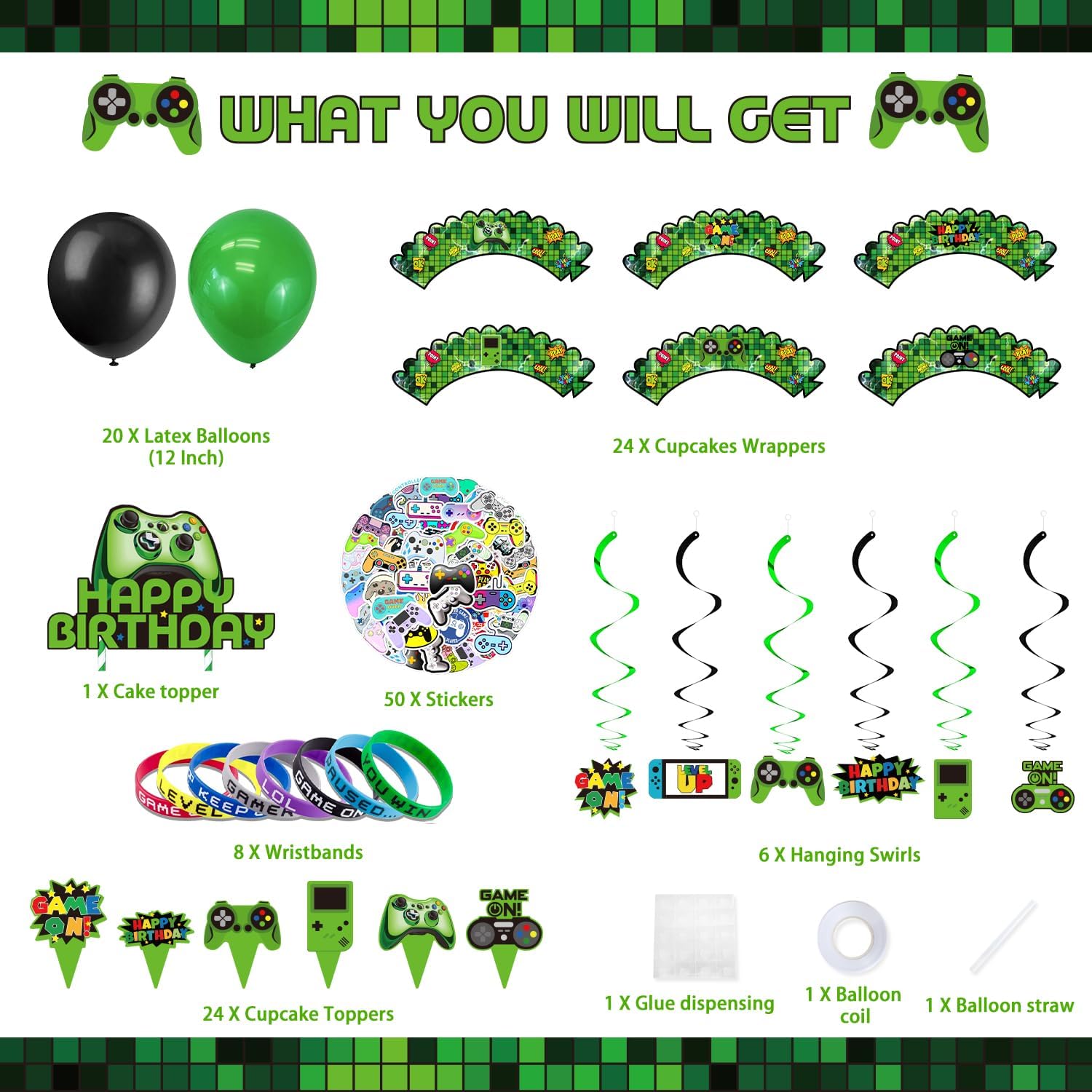 Green Gamer Birthday Party Decoration - 217Pcs Video Game Gaming Party Supplies For Boys Birthday Party - Backdrop, Table Cover, Plates, Cups, Napkins, Utensils, Hanging Swirls, Cupcake Topper, Cake