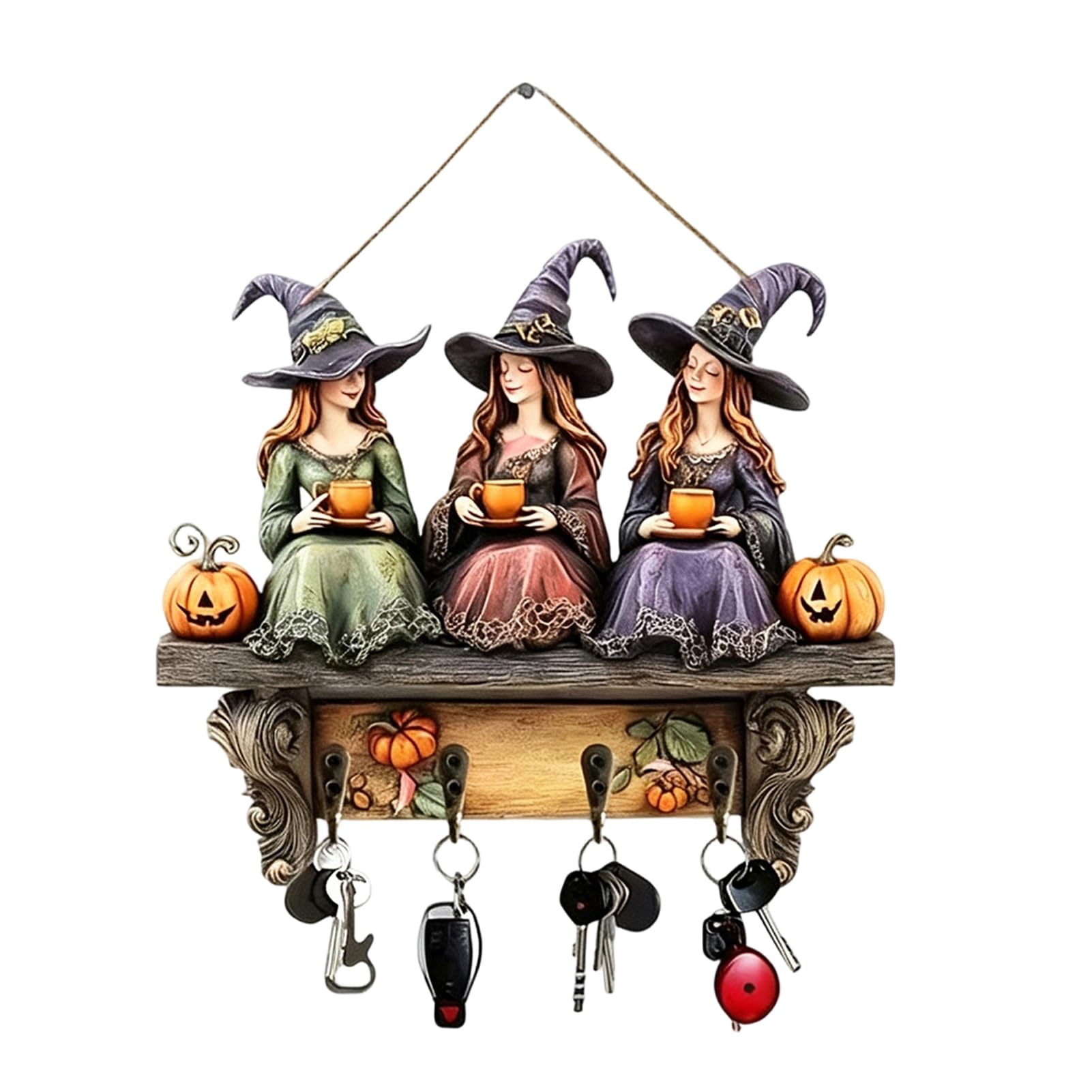 Bezioie Halloween Key Holder for Wall, Rustic Wooden Hanging Sign with 4 Hooks for Keys Bags and Leashes, Decorative Entryway Organizer Rack for Home Mudroom Hallway 1