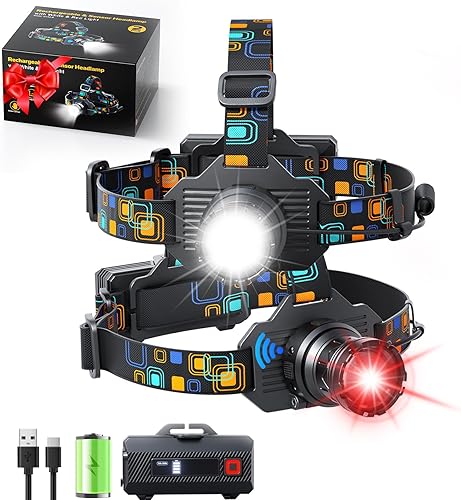 Linterna frontal recargable, 2 piezas de lámpara LED brillante con luz blanca y roja, sensor de movimiento de 90° ajustable con zoom de 90°, 6