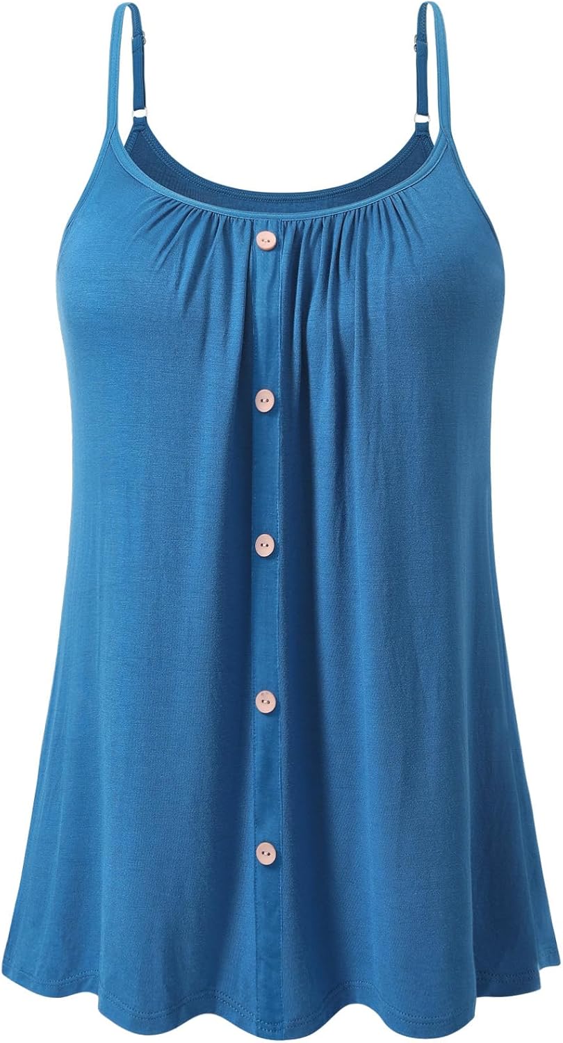 Air Curvey Women's Flowy Camisole with Build in Bra Summer Buttons Pleated Cami Adjustable Strap Tank Top 2025